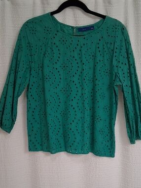 Apt. 9 Teal Eyelet Cotton Long-Sleeve Blouse